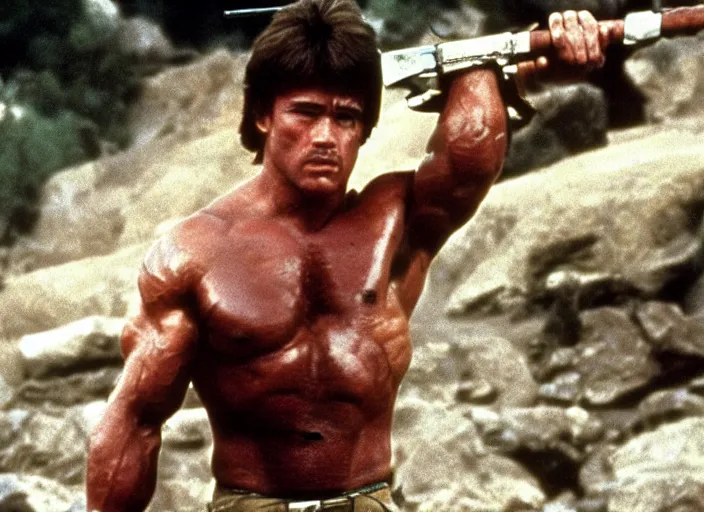 Image similar to arnold schwarzenegger in a still from the movie Rambo (1982)