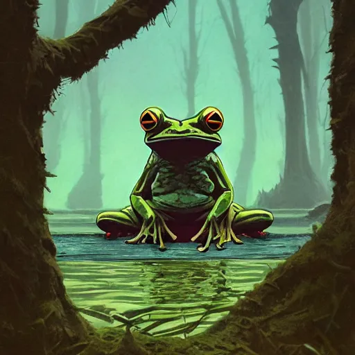 Image similar to Frog Frog Frog Frog crapaud kaeru Demon Knight Hero resting in marshlands Ishbel Myerscough greg rutkowski sam spratt Peter Kuhfeld simon stalenhag enki bilal beeple james gilleard Illustrated Colored Pencil