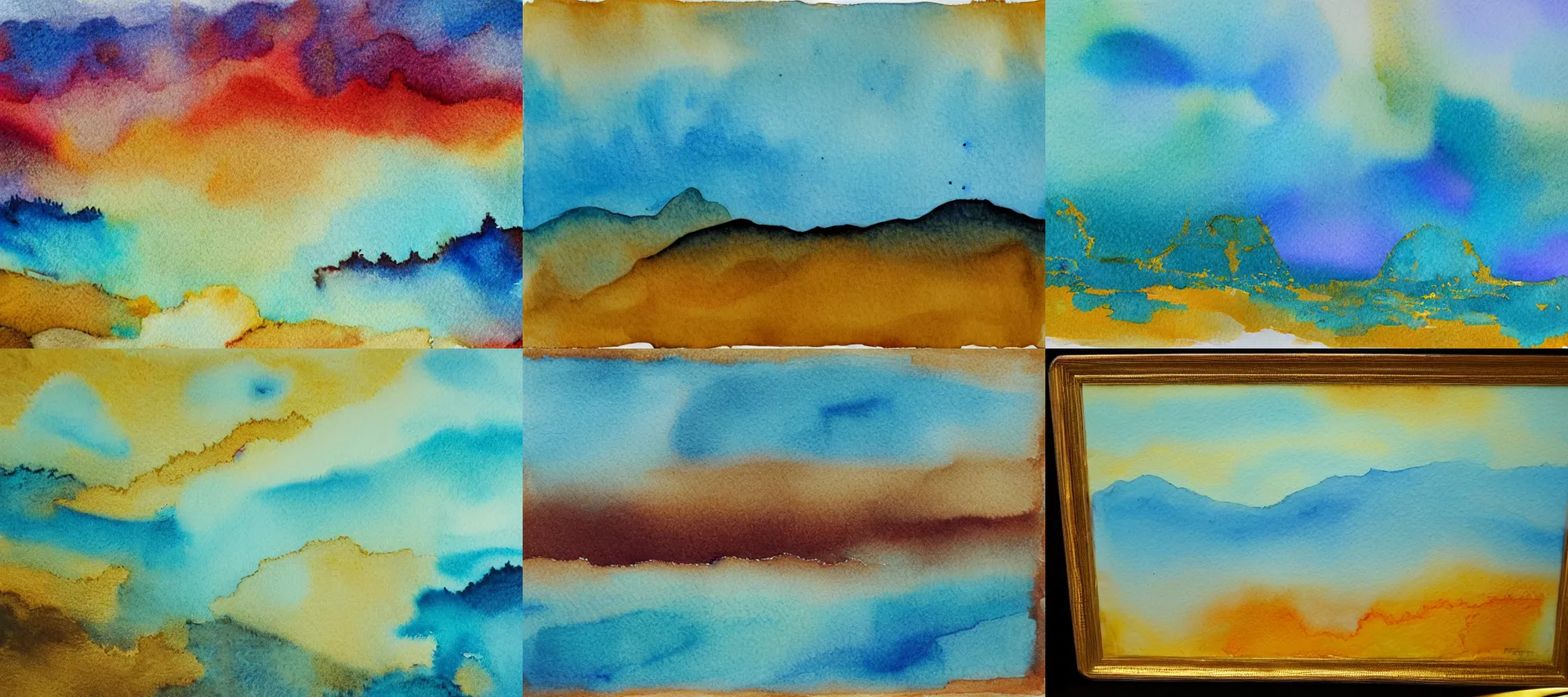 Prompt: Gold and cyan landscape, watercolors