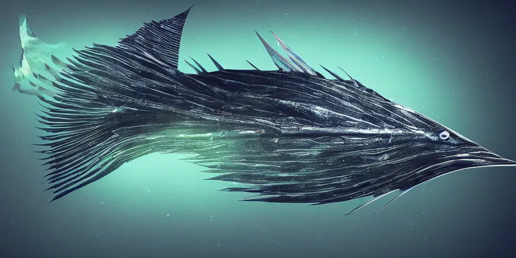 Image similar to sailfish, stylized layered textures, long flowing fins, bioluminescent orbs, 3 d render, substance painter, glowing eye, smooth, sharp focus, art by h r giger