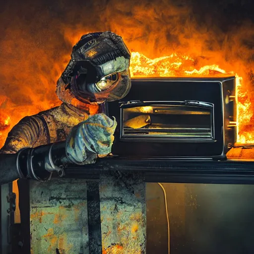 Image similar to cyborg toaster oven repairman, dark messy smoke - filled cluttered workshop, dark, dramatic lighting, orange tint, sparks, plasma rays, cinematic, highly detailed, sci - fi, futuristic, movie still, rule of thirds composition