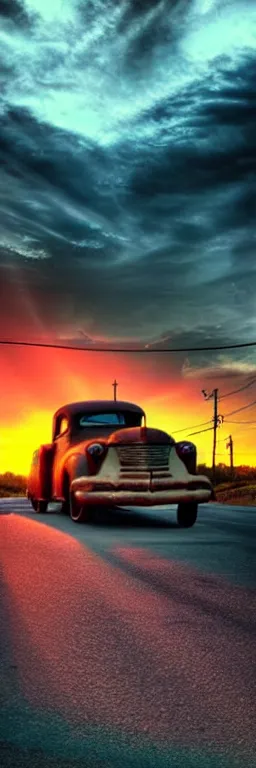 Image similar to a sunset light landscape with historical route 6 6, lots of sparkling details and sun ray ’ s, blinding backlight, smoke, volumetric lighting, colorful, octane, 3 5 mm, abandoned gas station, old rusty pickup - truck, beautiful epic colored reflections, very colorful heavenly, softlight