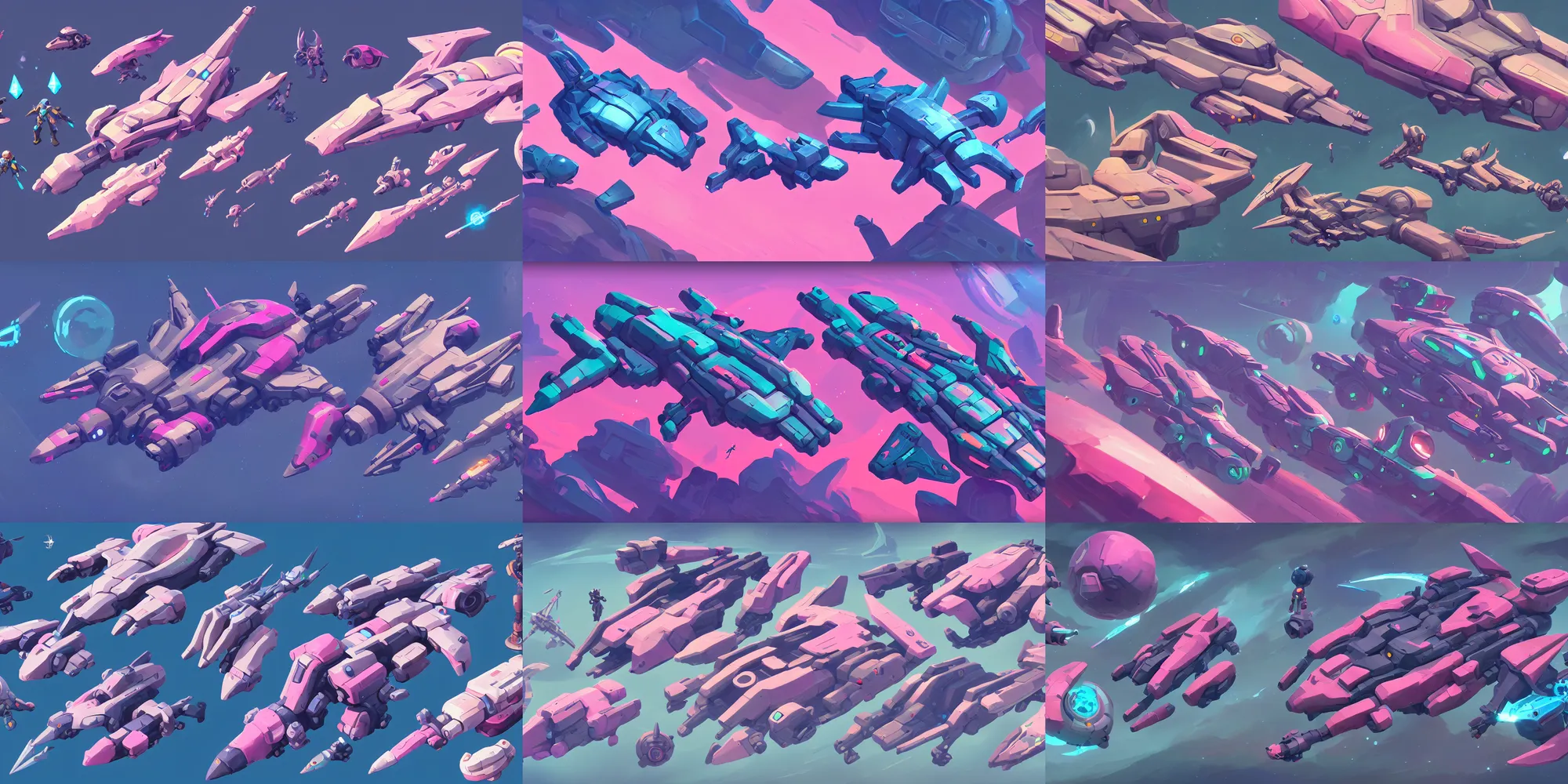 Prompt: game asset of exploration shapes and form of vehicles and spaceships, in gouache detailed paintings, props, stylized, 2 d sprites, kitbash, arcane, overwatch, blue and pink color scheme, 8 k, close up