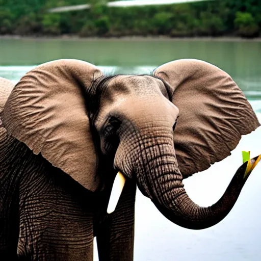 Image similar to an elephant standing on a boat wearing a fisher's hat.