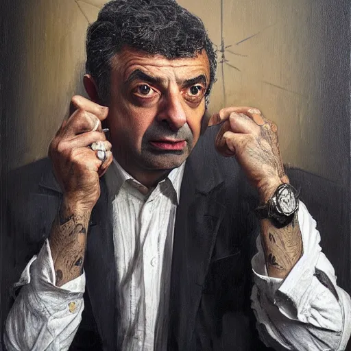 Prompt: a painting of a rowan sebastian atkinson, investor asking for money by tim okamura, featured on artstation, classical realism, hyper realism, chiaroscuro fine art, cgsociety