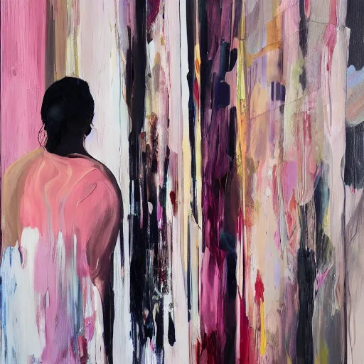 Prompt: _ in _ these _ paintings _ we _ see _ a _ big and tall _ woman _ who _ seem _ to _ be _ walking _ in _ circles in a busy void space, 4 k, in the style of ben quilty, hyper realism, minimal pink palette, medium shot, oil paint with thick brushstrokes of paint, impasto, detailed,