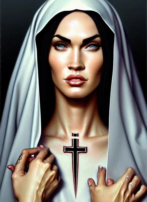 Image similar to portrait of megan fox as a nun with face tattoos, catholic, church, bible, christian, intricate, headshot, highly detailed, digital painting, artstation, concept art, sharp focus, cinematic lighting, illustration, art by artgerm and greg rutkowski, alphonse mucha, cgsociety