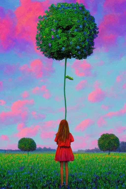 Image similar to giant flower face, girl standing in flower field, surreal photography, big trees, sunrise dramatic light, impressionist painting, colorful clouds, digital painting, pointillism, artstation, simon stalenhag