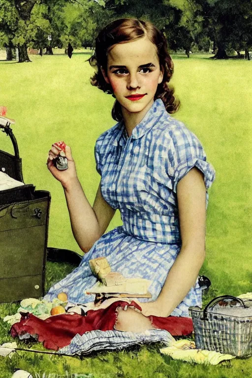 Image similar to photo photorealistic portrait photograph Emma Watson picnic in the green lawn 1950s portrait by Norman Rockwell