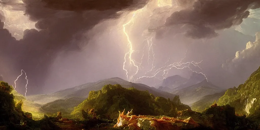Prompt: a stunning painting of a mountain vista with a river flowing to a lake and forest, raining, stormy clouds, lightning, by thomas cole, oil on canvas, highly detailed, 4 k, hd