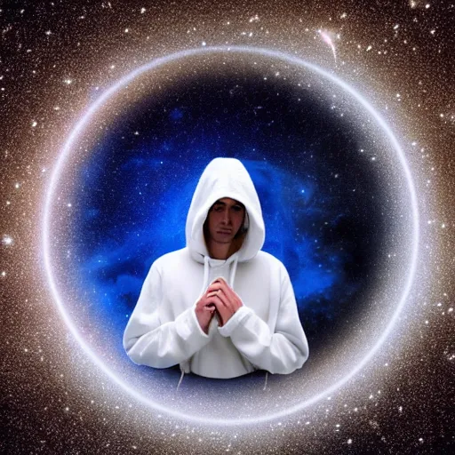 Prompt: guy with white hoodie levitates in the center of the galaxy