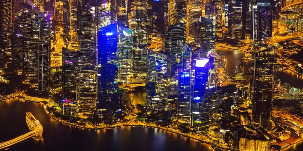 Image similar to futuristic singapour view at night from a plane, cinematic