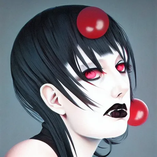 Prompt: beautiful! beautiful! coherent and aesthetically pleasing! portrait of an anime goth clowngirl with lovely red eyes and black lips and a pouty demeanor, painted by ilya kuvshinov!!! and zdzislaw beksinski