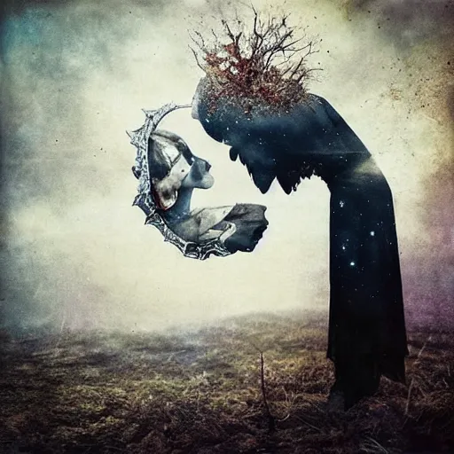 Image similar to phantom grip, the edge of the universe (on film), by Brooke Shaden and Sandra Chevrier