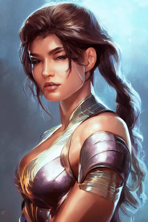 Image similar to three quarters portrait pose of a beautiful woman, strong body,super heroine costume,super powers, fantasy, intricate, elegant, highly detailed, digital painting, artstation, concept art,shining, sharp focus, illustration, art by Stanley Lau