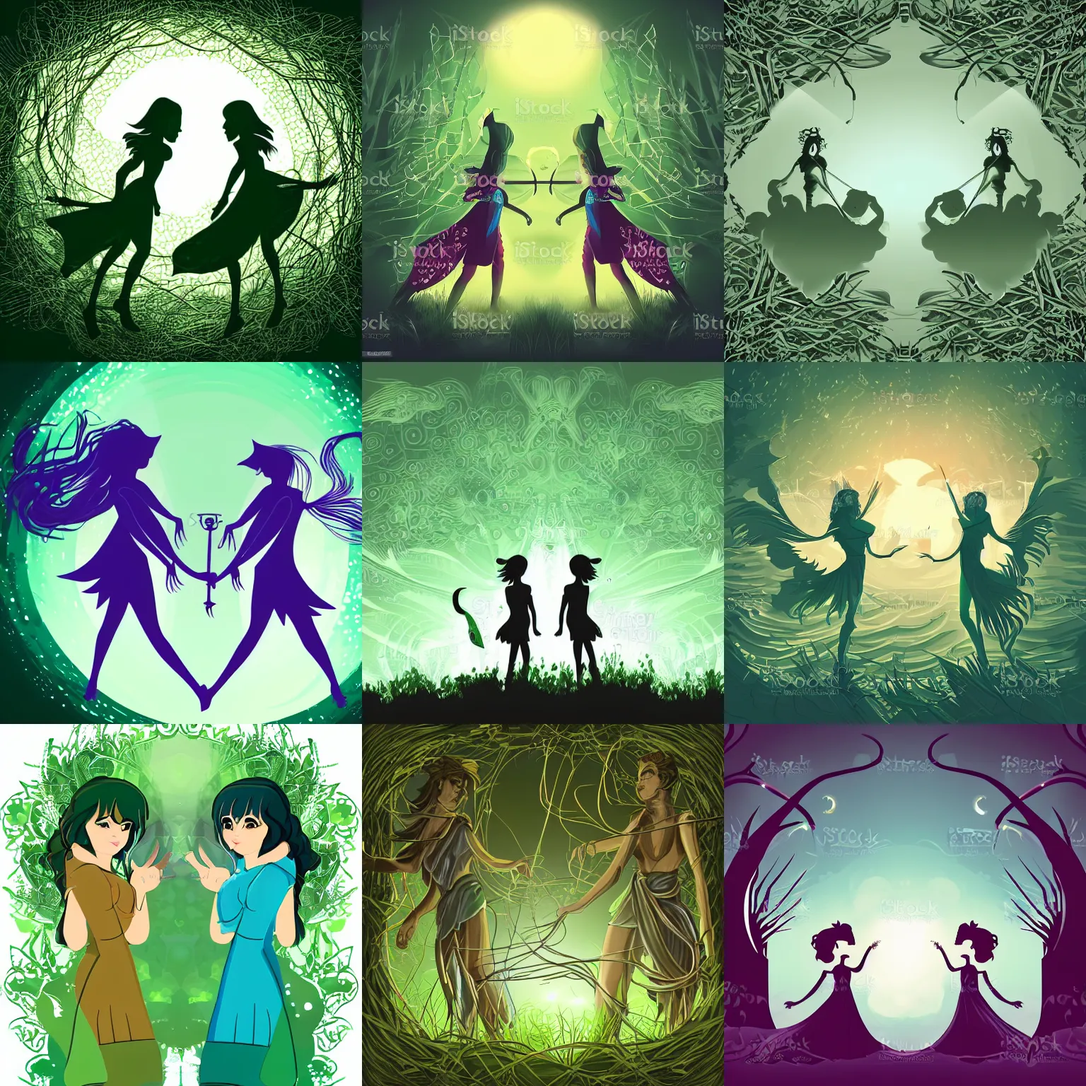 Prompt: closeup, two fantasy spirits are catched by liana, liana entangle two fantasy spirits, in a gentle green dawn light, clean cel shaded vector art. shutterstock. behance hd