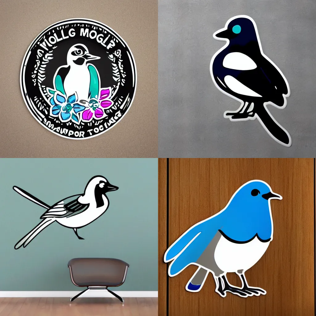 Prompt: smiling magpie, sticker art, corporate logo