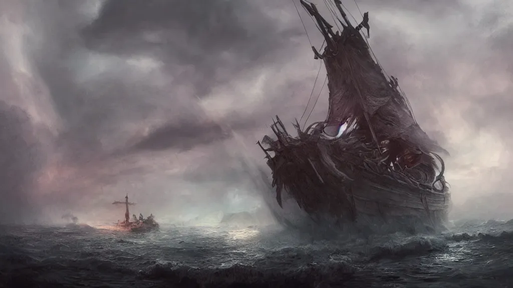 Image similar to viking ship arriving at mysterious place, night time, thunderstorm, heavy rain, amazing, tension, intricate, highly detailed, digital painting, artstation, concept art, motion blur, mist, volumetric lighting, sharp focus, illustration, art by ross tran