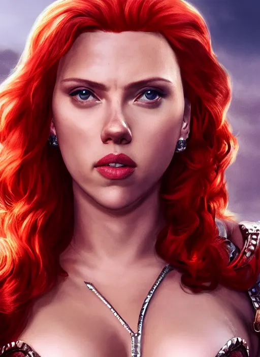 Image similar to scarlett johansson portraying a beautiful red sonja, beautiful scarlett johansson red sonja, movie, hyper realistic, hollywood promotional image, imax, 8 k