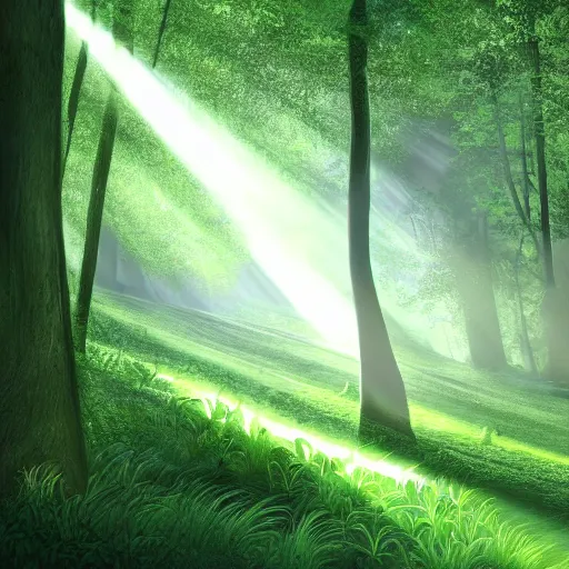 Image similar to A lush green forest in the morning; rays of light coming through the canopy; trending on artstation