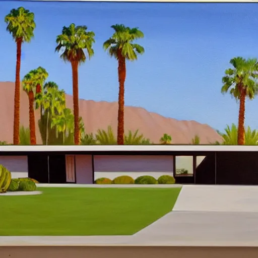 Prompt: an oil painting of a mid century modern house designed by both frank lloyd right and richard sera in palm springs