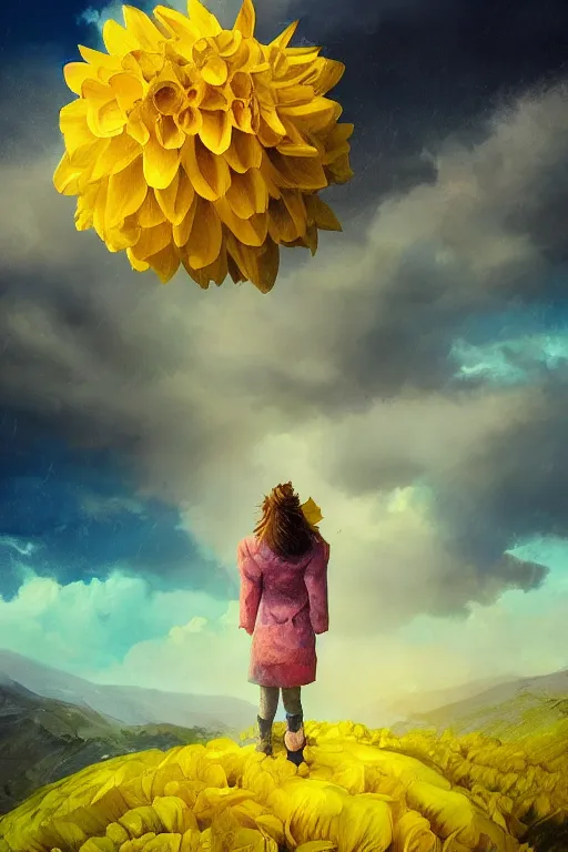 Image similar to closeup girl with huge yellow dahlia flower face, intricate, standing on mountain, surreal photography, blue storm clouds, dramatic light, impressionist painting, digital painting, artstation, simon stalenhag