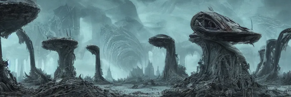 Image similar to Dystopian alien landscape, mysterious technology partially reclaimed by nature, strange formations, metal and stone trending on artstation by Efgeni Bischoff