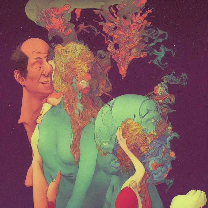 Image similar to close up portrait of a man and woman having fun with lsd and magic mushrooms by kawase hasui, moebius, Edward Hopper and James Gilleard, Zdzislaw Beksinski, Steven Outram, 8k, volumetric lighting, artstation