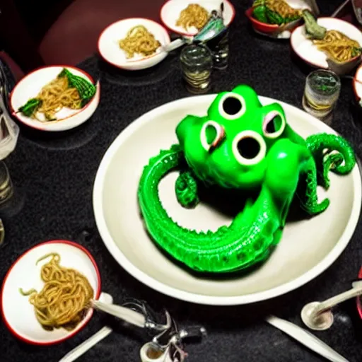 Image similar to Cthulhu monster using its tentacle sitting at table eating ramen