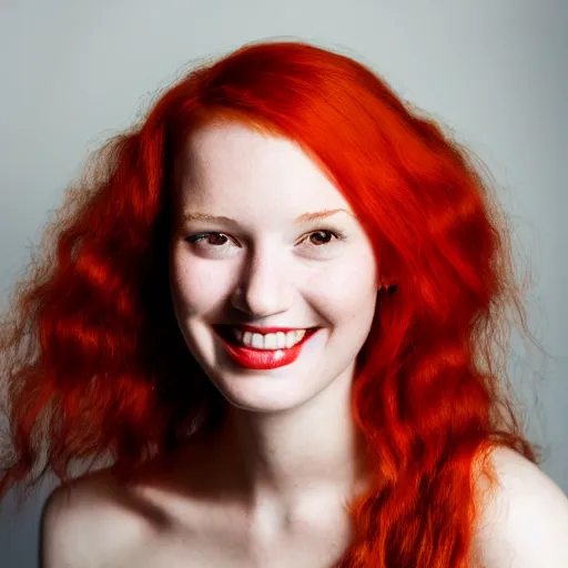 Image similar to artistic photo of a young beautiful woman with red hair looking at the camera, smiling slightly, studio lighting, award winning photo by Annie Liebowitz