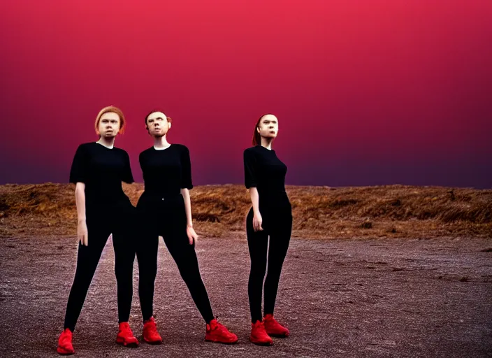 Prompt: cinestill 5 0 d closeup photographic portrait of two clones in front of a brutalist metal building, techwear women, on a desolate plain with a red sky, black oversized clothes, depth of field, 4 k, 8 k, hd, full color