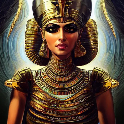 Image similar to Egyptian god Isis, hyperdetailed, artstation, cgsociety, fantasy, intricate, elegant, highly detailed, digital painting, artstation, concept art, smooth, sharp focus, illustration, art by artgerm and H R Giger and alphonse mucha