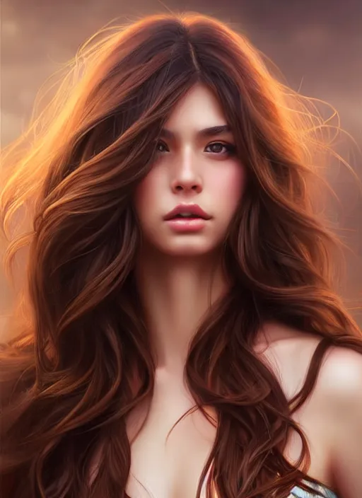 Image similar to a gorgeous female with long brown hair in the style of stefan kostic, realistic, full body shot, wide angle, sharp focus, 8 k high definition, insanely detailed, intricate, elegant, art by stanley lau and artgerm, floating embers