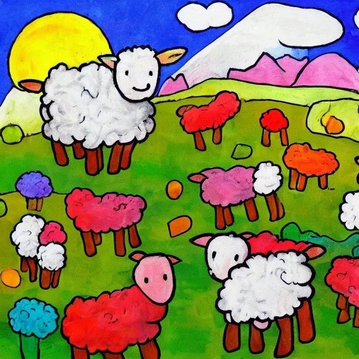 Prompt: little sheep hopping over mountains of gigantic fruit, naivistic art, childrens drawing, outsider art, expressive, colorful