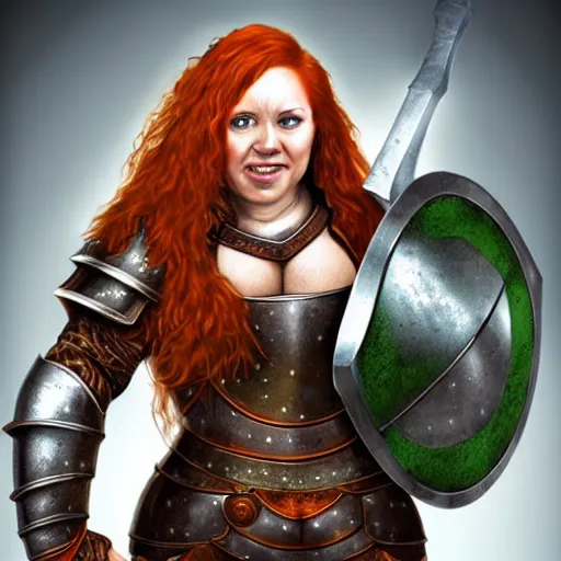 Image similar to dwarven woman, ginger hair, green eyes, holding hammer and shield with plate armour