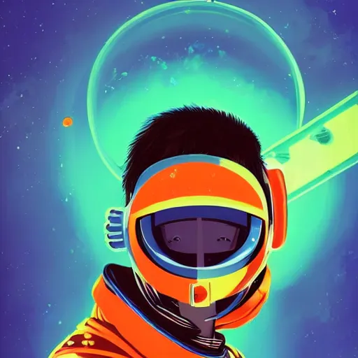 Image similar to a stylized portrait of a young masked boy as an astronaut superhero with a revolver, overwatch style, stylized, arcane magic, orange and green power, vaporwave, vivid color, lens flare, volumetric light from above, background by liam wong, art by raymond swanland + marc simonetti + greg rutkowski + harumi hironaka