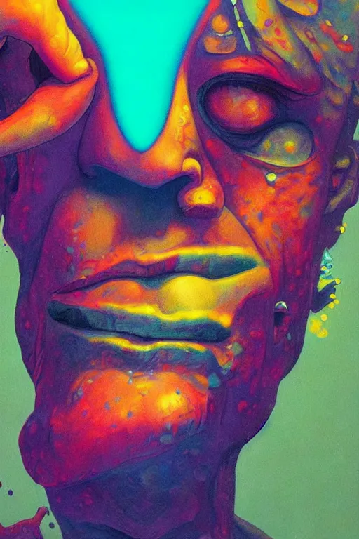 Prompt: a colorful vibrant closeup portrait of rockstar licking a tab of lsd acid on his tongue and dreaming psychedelic hallucinations, by moebius, edward hopper and james gilleard, zdzislaw beksinski, steven outram colorful flat surreal design, hd, 8 k, artstation