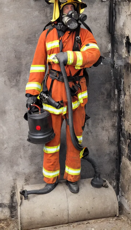 Prompt: 1 8 th century fire fighter with breathing apparatus and high tech gear, cutting edge technology of the time, fire fighter gear from the 1 8 0 0's, fireman wearing protective gear and breathing equipment, early oxygen tanks, early breathing equipment to help survive fires and smoke a museum piece from early 1 8 0 0's