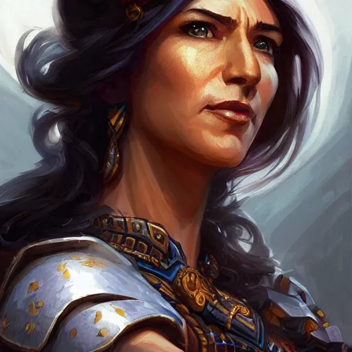 Image similar to Jeff Bezos!! as a female amazon warrior, closeup, D&D, fantasy, intricate, elegant, highly detailed, digital painting, artstation, concept art, matte, sharp focus, illustration, hearthstone, art by Artgerm and Greg Rutkowski and Alphonse Mucha