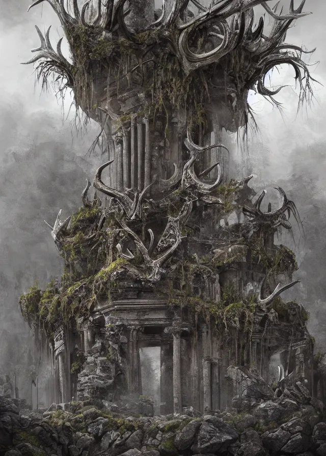 Prompt: a highly detailed painting of ancient ruins overgrown with antlers made of stone, ominous, foreboding, dark, trending on artstation,