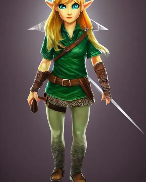 Image similar to female link, full body portrait, highly detailed, trending on artstation, intricate