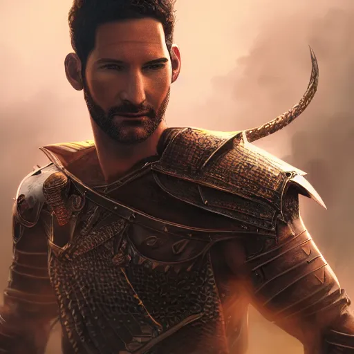 Prompt: Tom Ellis as a dragonslayer, digital art, highly detailed, award winning, concept art, intricate, sharp focus, masterpiece, Trending on Artstation HQ, unreal engine 5, 4K UHD image