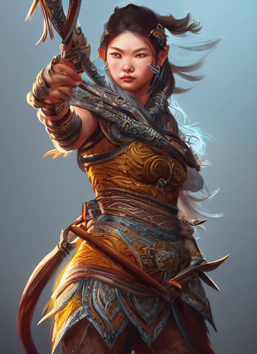 Image similar to a highly detailed illustration of fierce mongol warrior woman with bow, heroic shooting bow pose, perfect hyperdetailed face, intricate, elegant, highly detailed, centered, digital painting, artstation, concept art, smooth, sharp focus, league of legends concept art, wlop.