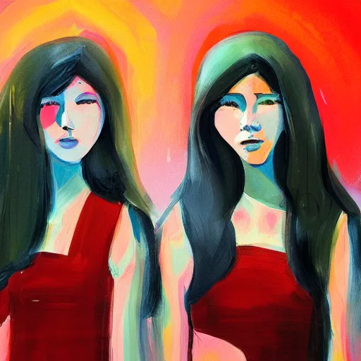 Image similar to a messy painting of Twin sisters. Trending on ArtStation