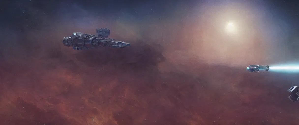 Prompt: illustration, a single small spaceship, deep space exploration, alone, the expanse tv series, industrial design, intergalactic, cinematic lighting, 4k, greebles, widescreen, wide angle, sharp and blocky shapes, rich colors, beksinski