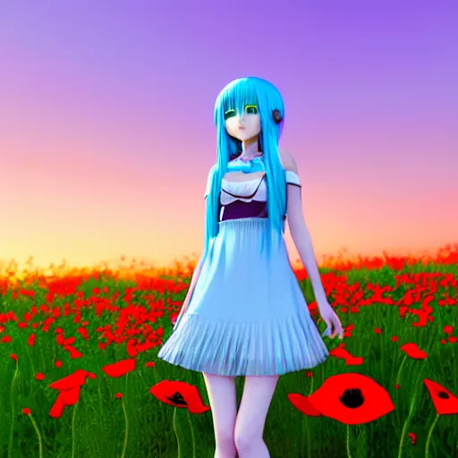 Prompt: anime, advanced digital render, style of final + fantasy + 1 5, beautiful anime girl with very long baby pink and baby blue hair wearing a mini skirt standing in a poppy field at night, gaussian blur, city reflection, 8 8 mm lens, lens flare, depth of field, medium shot, rim lights wlop