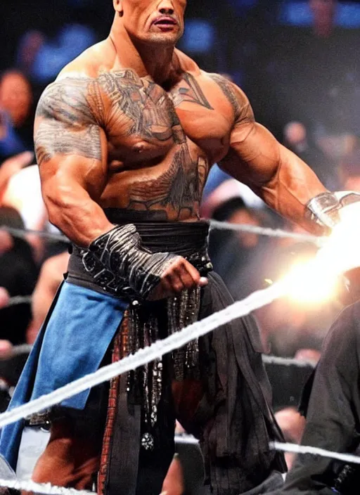 Image similar to dwayne johnson entering entrances ramp of smackdown as samurai!