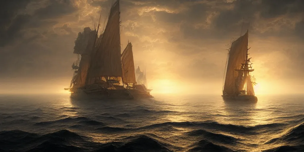 Prompt: strange sea surface of planet at sunset, caustics, refraction, sailing ship on horizon, ultra high definition, ultra detailed, symmetry, fog, matte painting, by greg rutkowski and ross tran and wlop