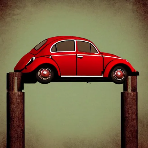 Image similar to red beetle car on top of a tall pole, digital art, photorealistic