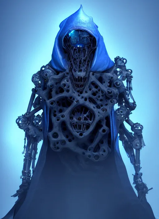 Image similar to character design, biomechanical arcanist, tattered hood, blue lightning, blue mist, fog, scary, photorealistic, cinematic, hyper realistic, octane render, 8 k, wide angle